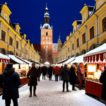 **

A bustling Christmas market in Kraków's Rynek Główny (Main Square). Focus on the vibrant stalls overflowing with "oscypek" cheese, hand-painted "bombki" (Christmas ornaments), and steaming mugs of "grzane wino" (mulled wine). Capture the joyful atmosphere with families browsing, children laughing, and the iconic Cloth Hall (Sukiennice) illuminated in the background. Include falling snow.

**
