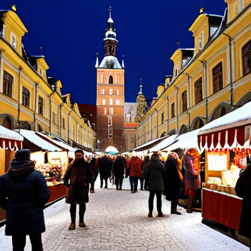 Home 4 **
A bustling Christmas market in Kraków's Rynek Główny (Main Square). Focus on the vibrant stalls overflowing with "oscypek" cheese, hand-painted "bombki" (Christmas ornaments), and steaming mugs of "grzane wino" (mulled wine). Capture the joyful atmosphere with families browsing, children laughing, and the iconic Cloth Hall (Sukiennice) illuminated in the background. Include falling snow.
**