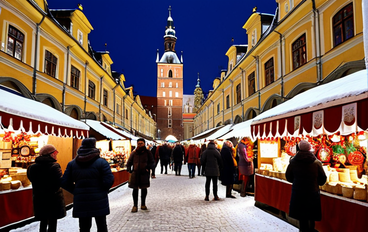 **
A bustling Christmas market in Kraków's Rynek Główny (Main Square). Focus on the vibrant stalls overflowing with "oscypek" cheese, hand-painted "bombki" (Christmas ornaments), and steaming mugs of "grzane wino" (mulled wine). Capture the joyful atmosphere with families browsing, children laughing, and the iconic Cloth Hall (Sukiennice) illuminated in the background. Include falling snow.
**